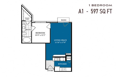 Floor plan for 1 bed, 1 bath, 597 sqft